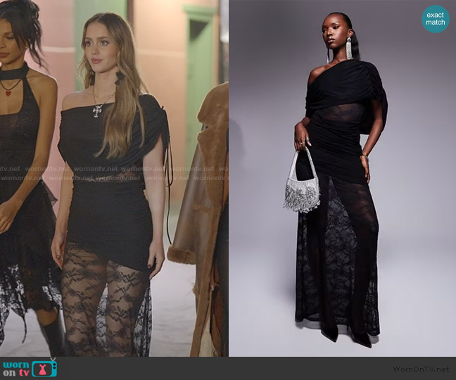 ASOS Ruched off shoulder maxi dress with lace inserts in black worn by Mikayla Matthews on The Secret Lives of Mormon Wives