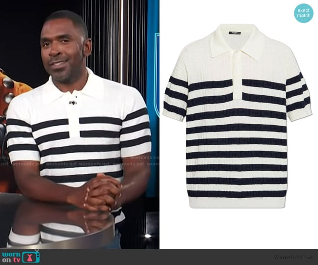 Balmain Striped Knit Polo Shirt worn by Justin Sylvester on E! News