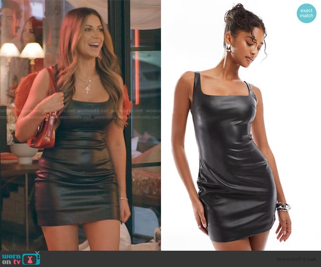 Bershka square neck faux leather mini dress in black worn by Jessi Ngatikaura on The Secret Lives of Mormon Wives