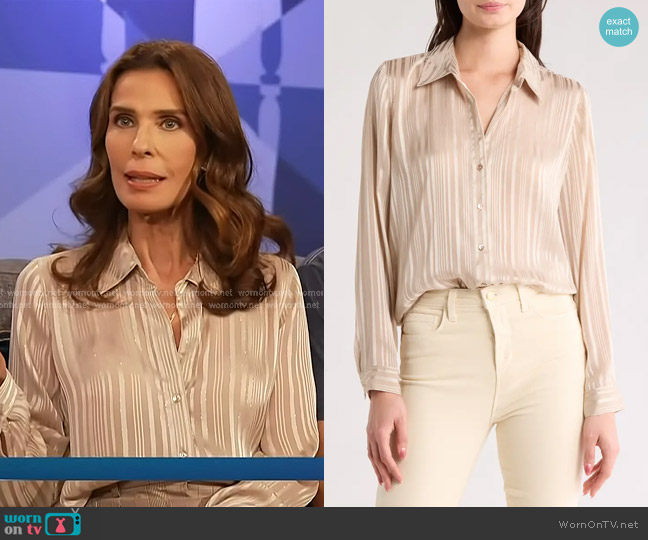 L'Agence Argo Metallic Stripe Button-Up Shirt in Light Taupe Stripe worn by Kristian Alfonso on Access Hollywood