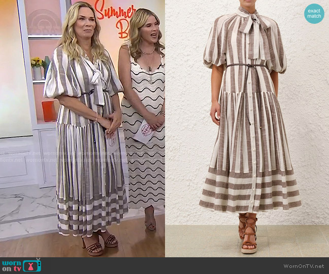 Zimmermann Acacia Blouson Shirt Dress in Chocolate/Cream Stripe worn by Leanne Morgan on Today