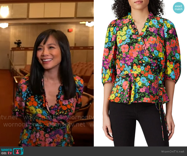 Les Reveries Puff Sleeve Wrap Top worn by Weijia Jiang on CBS Mornings
