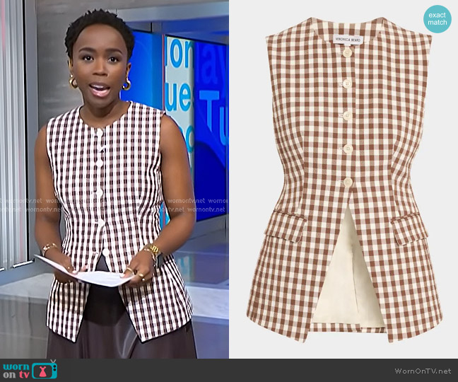 Veronica Beard Lois Gingham Seersucker Cutaway Vest worn by Zinhle Essamuah on NBC News Daily