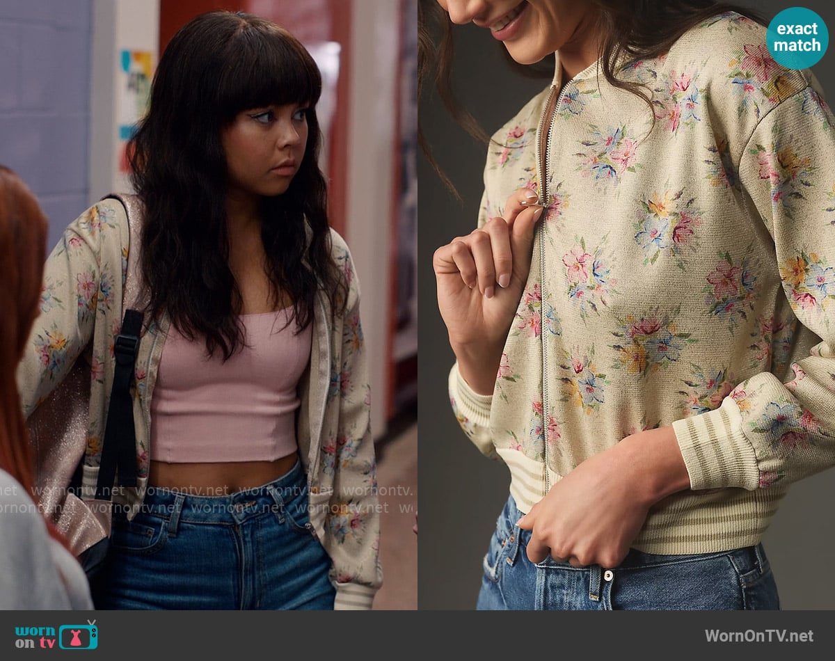 Maeve Lurex Printed Knit Bomber Jacket worn by Norah (Chelsea Clark) on Ginny & Georgia