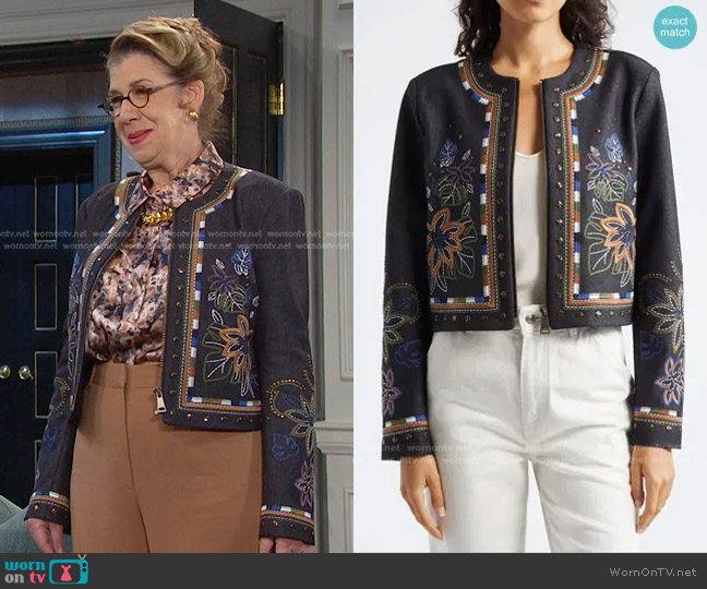 Ramy Brook Mav Jacket in Dark Indigo worn by Rita Lesley (Maggie Carney) on Days of our Lives