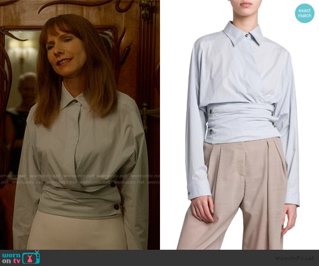 Philosophy Di Lorenzo Serafini Stretch taffeta shirt with buttons in blue stripe worn by Joy (Dolly Wells) on And Just Like That