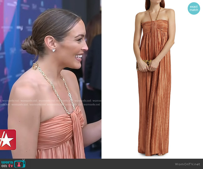 Sabina Musáyev Nicola Chain Halterneck Dress in Caramel worn by Emily Orozco on Access Hollywood