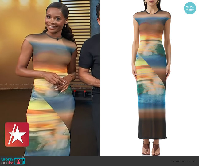 AFRM Cody Print Cap Sleeve Mesh Maxi Dress worn by Zuri Hall on Access Hollywood