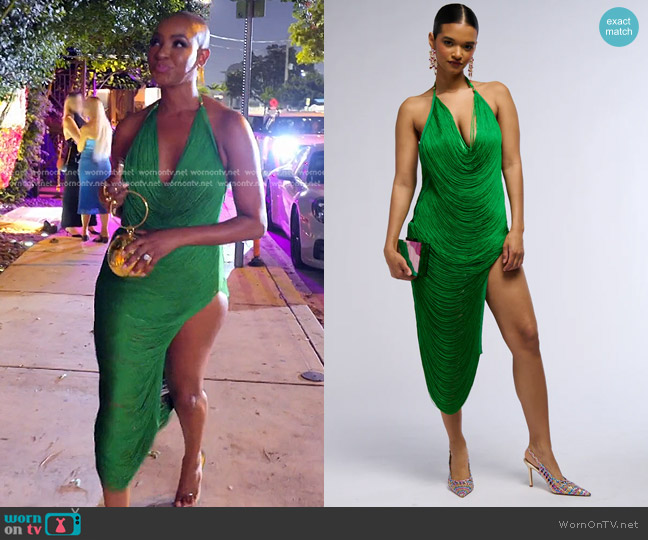 Akira Gianina Fringed Cowl Neck Maxi Dress in Green worn by Guerdy Abraira (Guerdy Abraira) on The Real Housewives of Miami