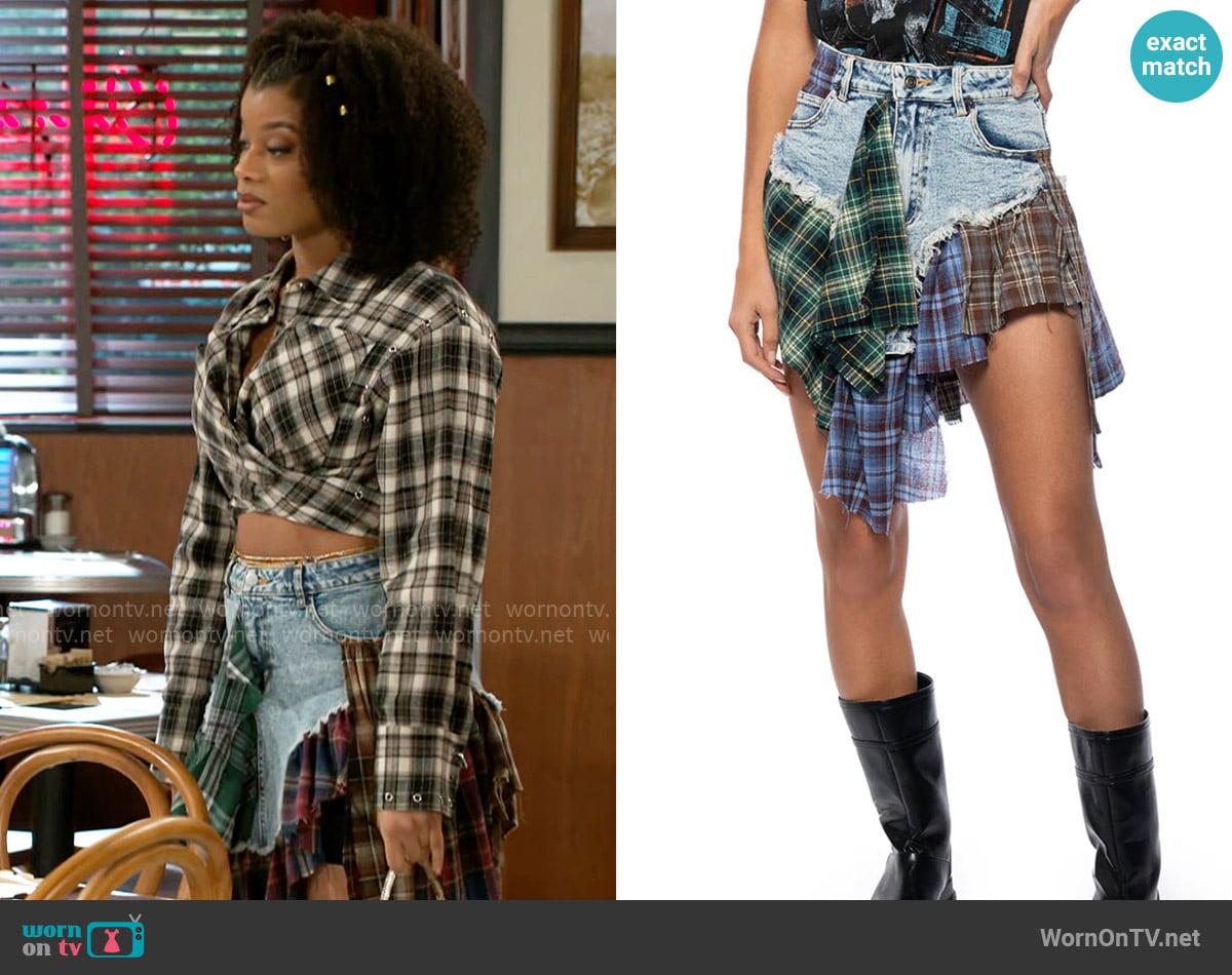 Akira Out And About Flannel Denim Skirt worn by Eva Thomas (Ambyr Michelle) on Beyond the Gates