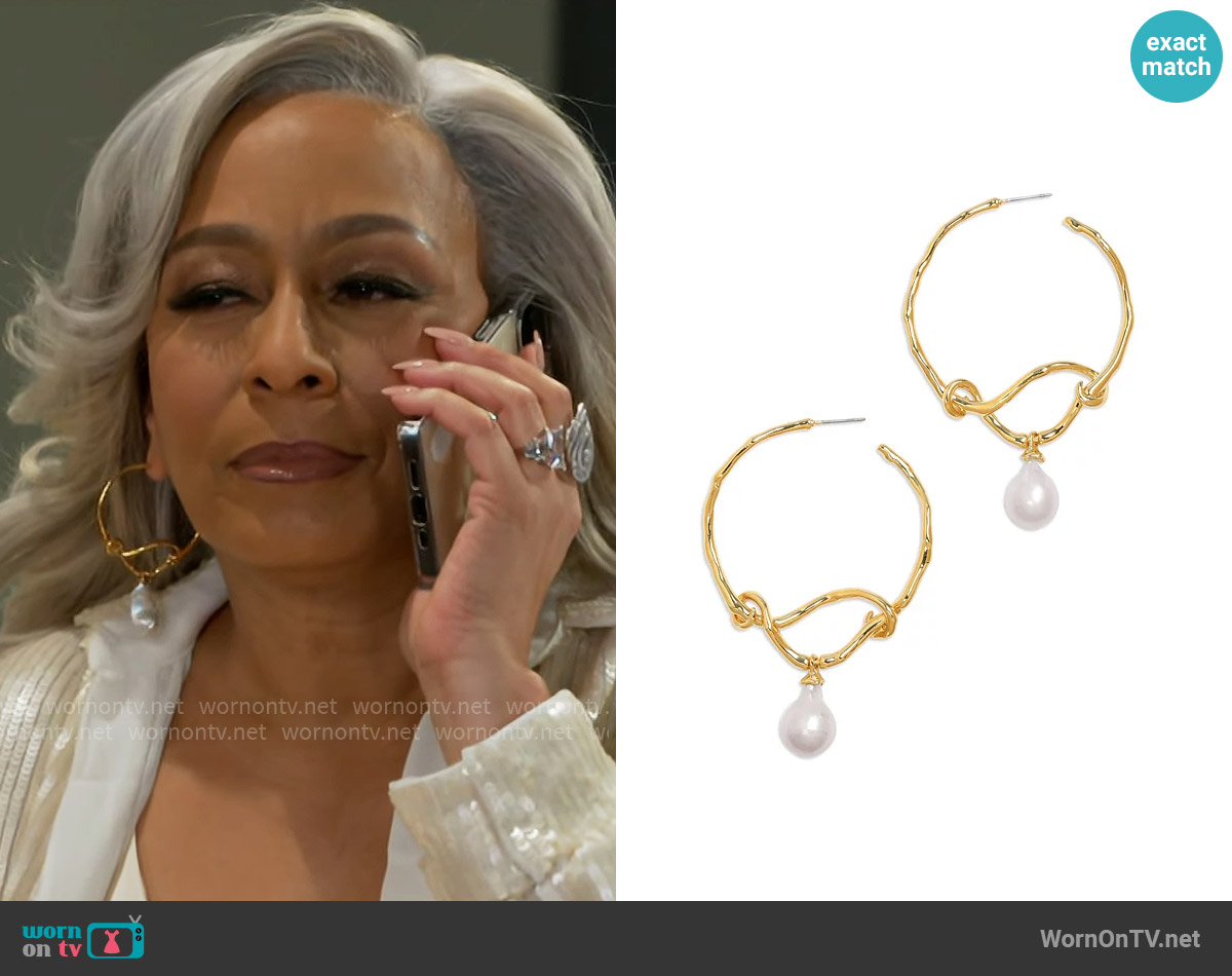 Alexis Bittar Cultured Freshwater Pearl Charm Twist Hoop Earrings in 14K Gold Plated worn by Anita Dupree (Tamara Tunie) on Beyond the Gates