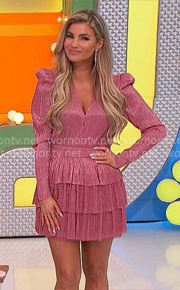 Amber’s pink tiered v-neck mini dress on The Price is Right