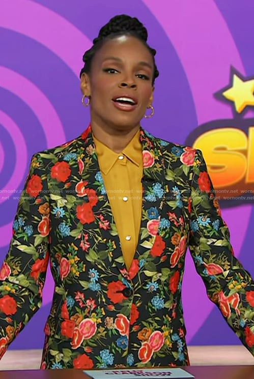 Amber Ruffin’s black floral print blazer on The Kelly Clarkson Show