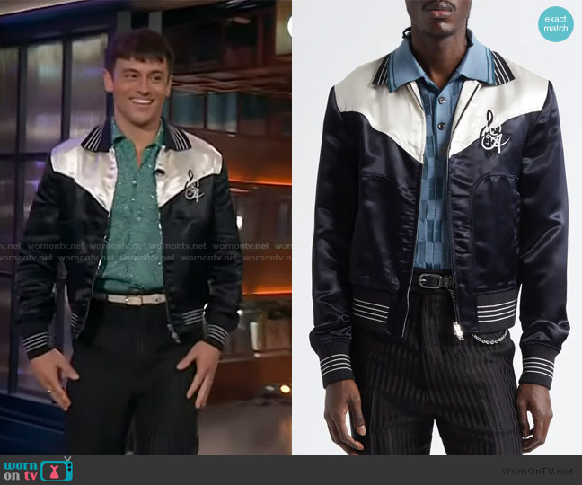 Amiri Music Note Embroidered Satin Bomber Jacket worn by Tom Daley on The Kelly Clarkson Show