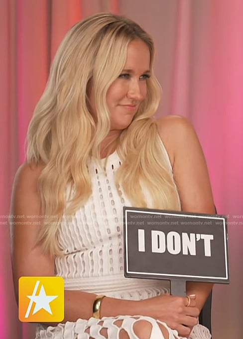 Anna Camp’s white crochet knit dress on Access Hollywood