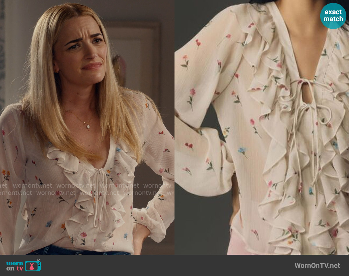 Anthropologie Long-Sleeve Ruffled Blouse worn by Georgia Miller (Brianne Howey) on Ginny & Georgia