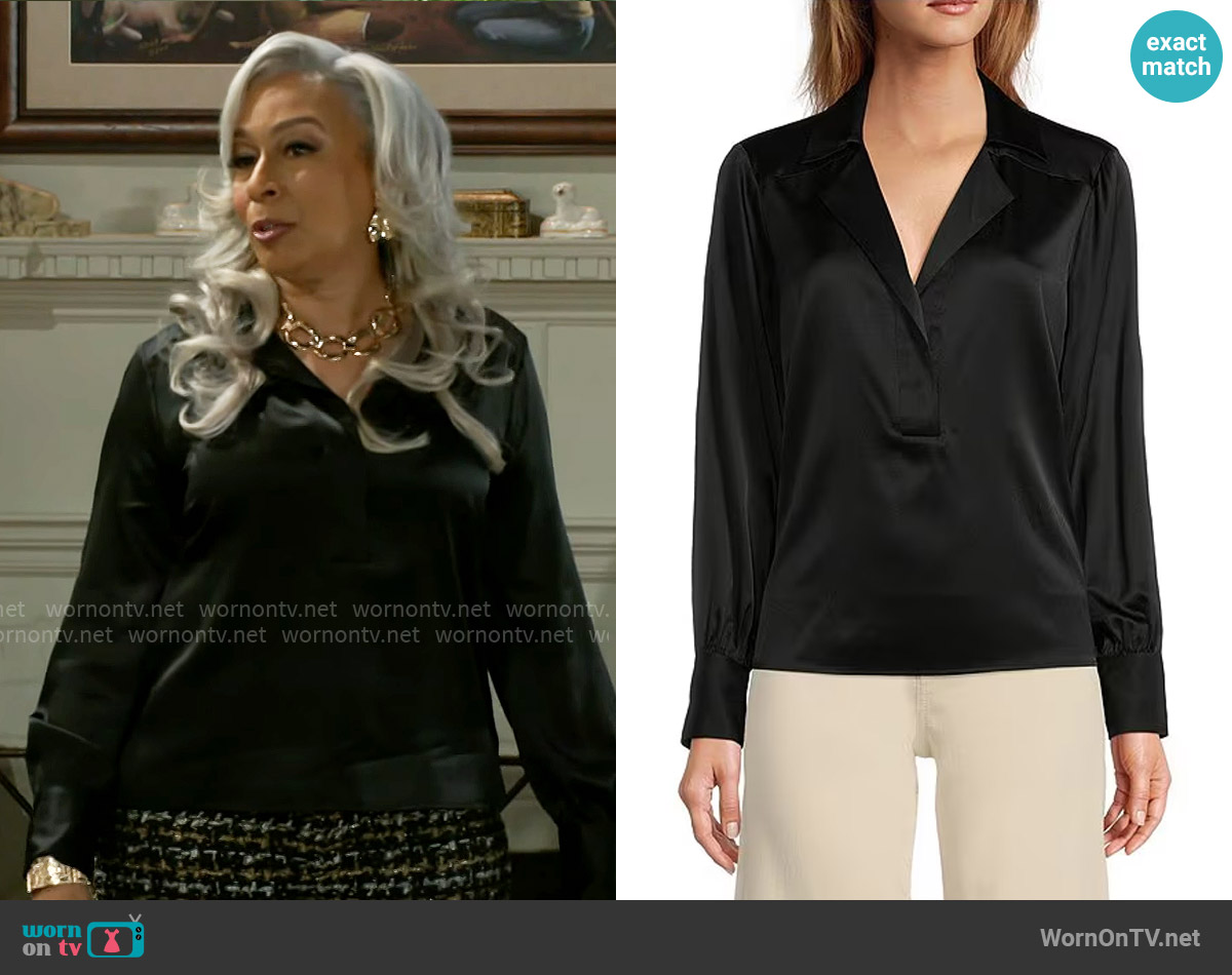 Antonio Melani Violet Silk Notch Collar V-Neck Long Blouson Sleeve Blouse in Black worn by Anita Dupree (Tamara Tunie) on Beyond the Gates