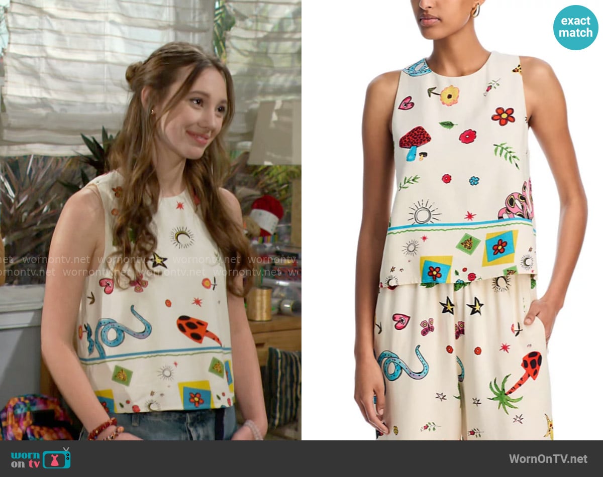 Aqua Border Mixed Print Sleeveless Tank Top worn by Melissa Dylan (Sydney Bullock) on The Bold and the Beautiful