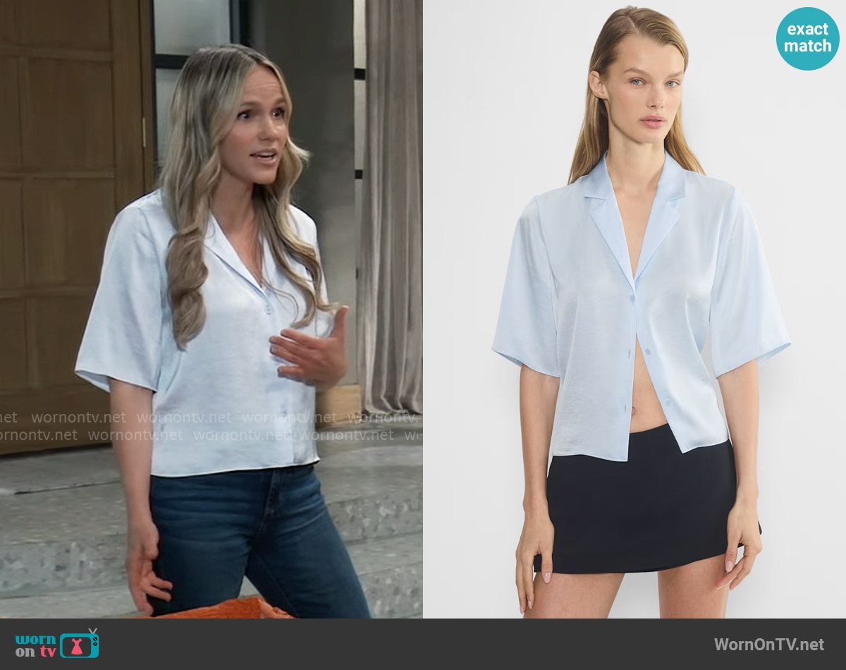 Wilfred Beso Satin Shirt in Glimmer worn by Lulu Spencer (Alexa Havins Bruening) on General Hospital