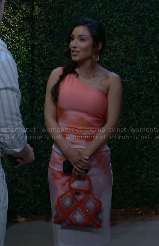Audra’s pink floral one-shoulder dress on The Young and the Restless