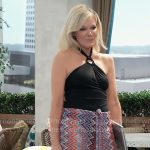 Ava’s black swimsuit and chevron print pants on General Hospital