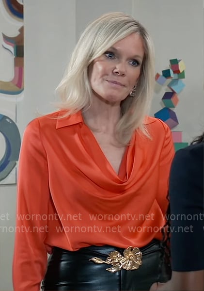 Ava’s orange cowl-neck blouse on General Hospital