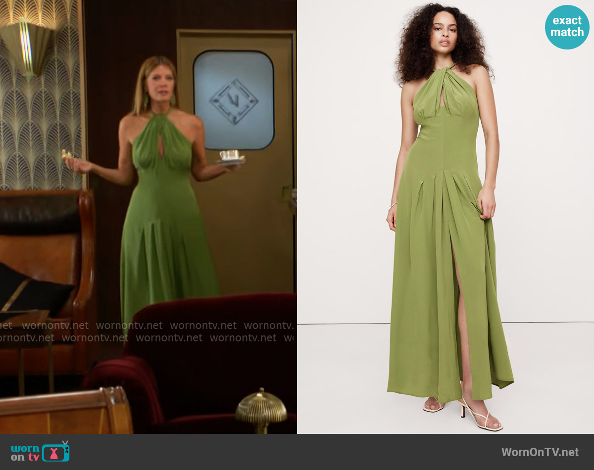 Banana Republic Matte Silk Halter Maxi Dress in Willow Green worn by Phyllis Summers (Michelle Stafford) on The Young and the Restless
