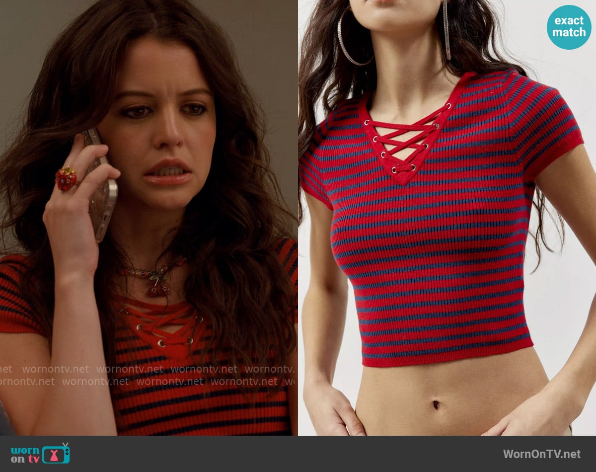 WornOnTV Maxine s Red Striped Lace up Top On Ginny Georgia Sara wornontv-maxine-s-red-striped-lace-up-top-on-ginny-georgia-sara