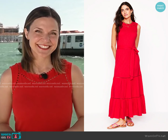Boden Mila Trim Tiered Jersey Dress in Poppy Red worn by Maggie Rulli on Good Morning America