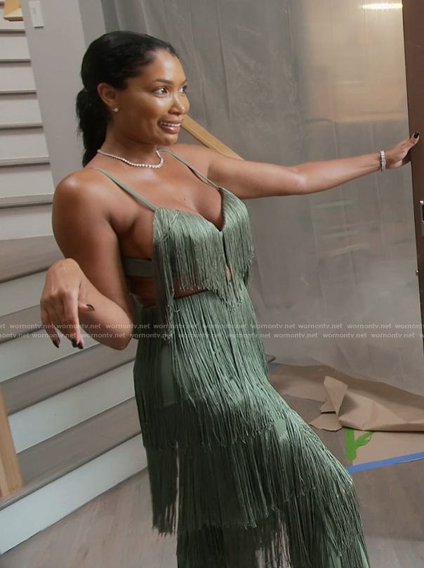Brit’s sage green fringe top and pant set on The Real Housewives of Atlanta