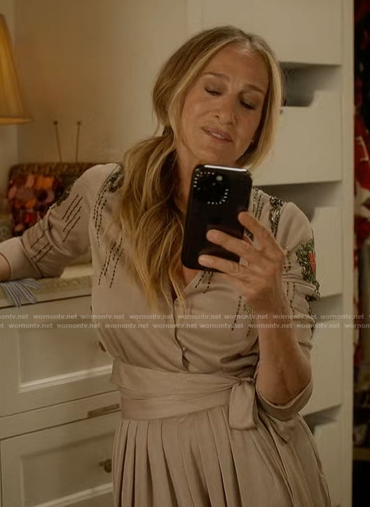 Carrie’s printed wrap two-piece set on And Just Like That