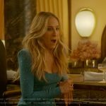 Carrie’s blue embellished square neck dress on And Just Like That