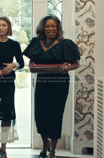 Catherine’s black textured ruffle dress on The Better Sister