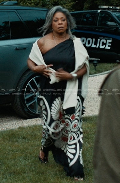 Catherine’s black printed maxi dress on The Better Sister