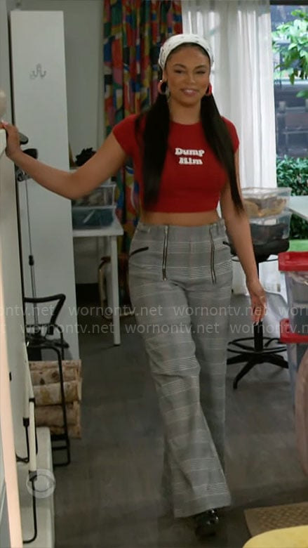 Chelsea’s DUMP HIM top and plaid pants on Beyond the Gates