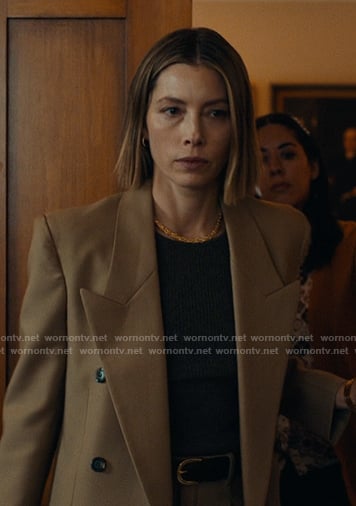 Chloe’s brown double breasted blazer on The Better Sister