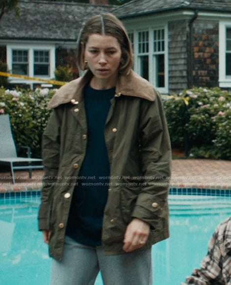 Chloe’s green jacket with contrast collar on The Better Sister