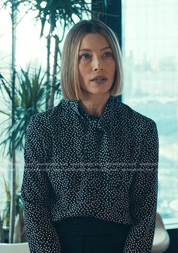 Chloe’s navy polka dot tie neck blouse on The Better Sister