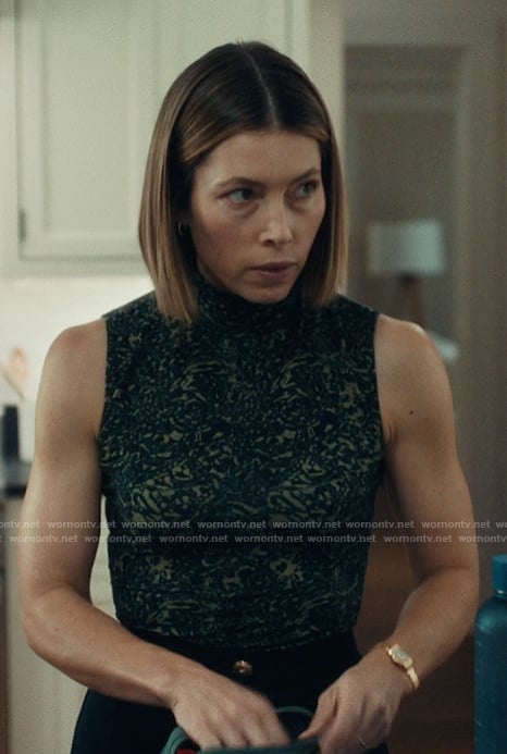 Chloe’s printed turtleneck top and skirt on The Better Sister
