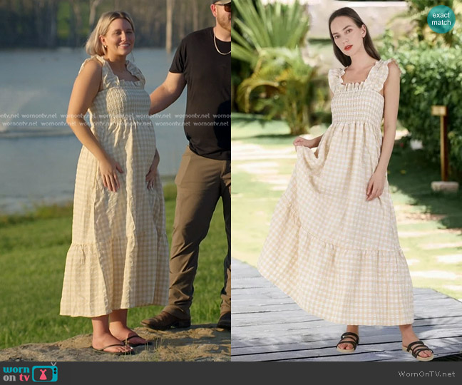 Chouyatou Retro Plaid Smocked Dress in Khaki worn by Kacie Adkison on The McBee Dynasty Real American Cowboys