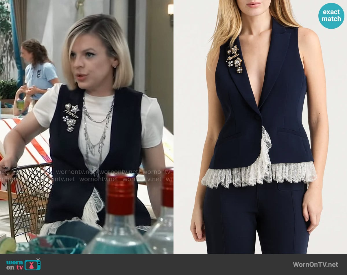 Cinq a Sept Roxie Faux Pearl & Crystal Detail Mixed Media Vest worn by Maxie Jones (Kirsten Storms) on General Hospital