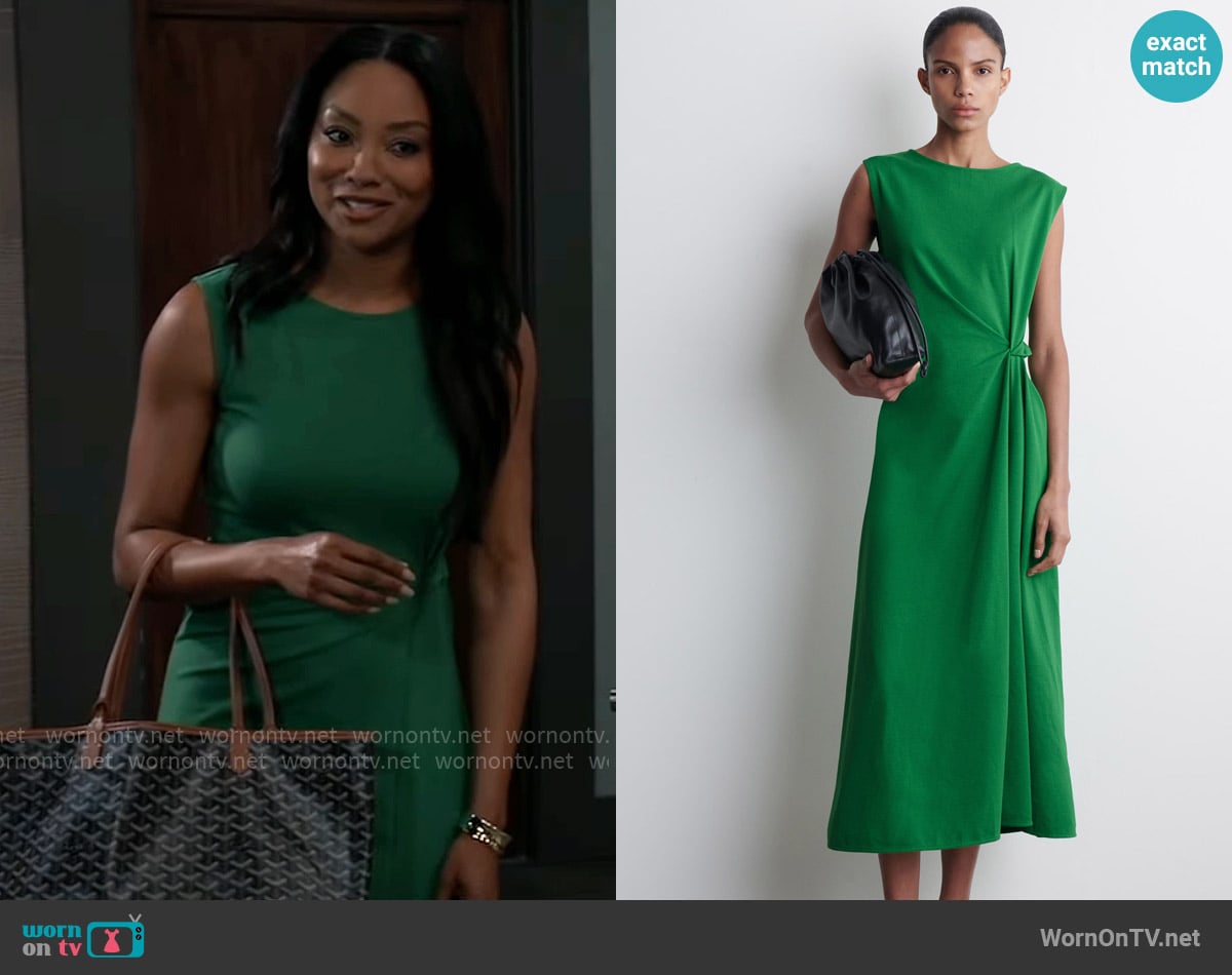 Cos Twist detail midi dress worn by Jordan Ashford (Tanisha Mariko Harper) on General Hospital