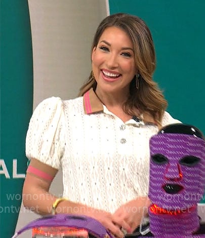 Courtney Cason’s white lace knit polo top on CBS Mornings
