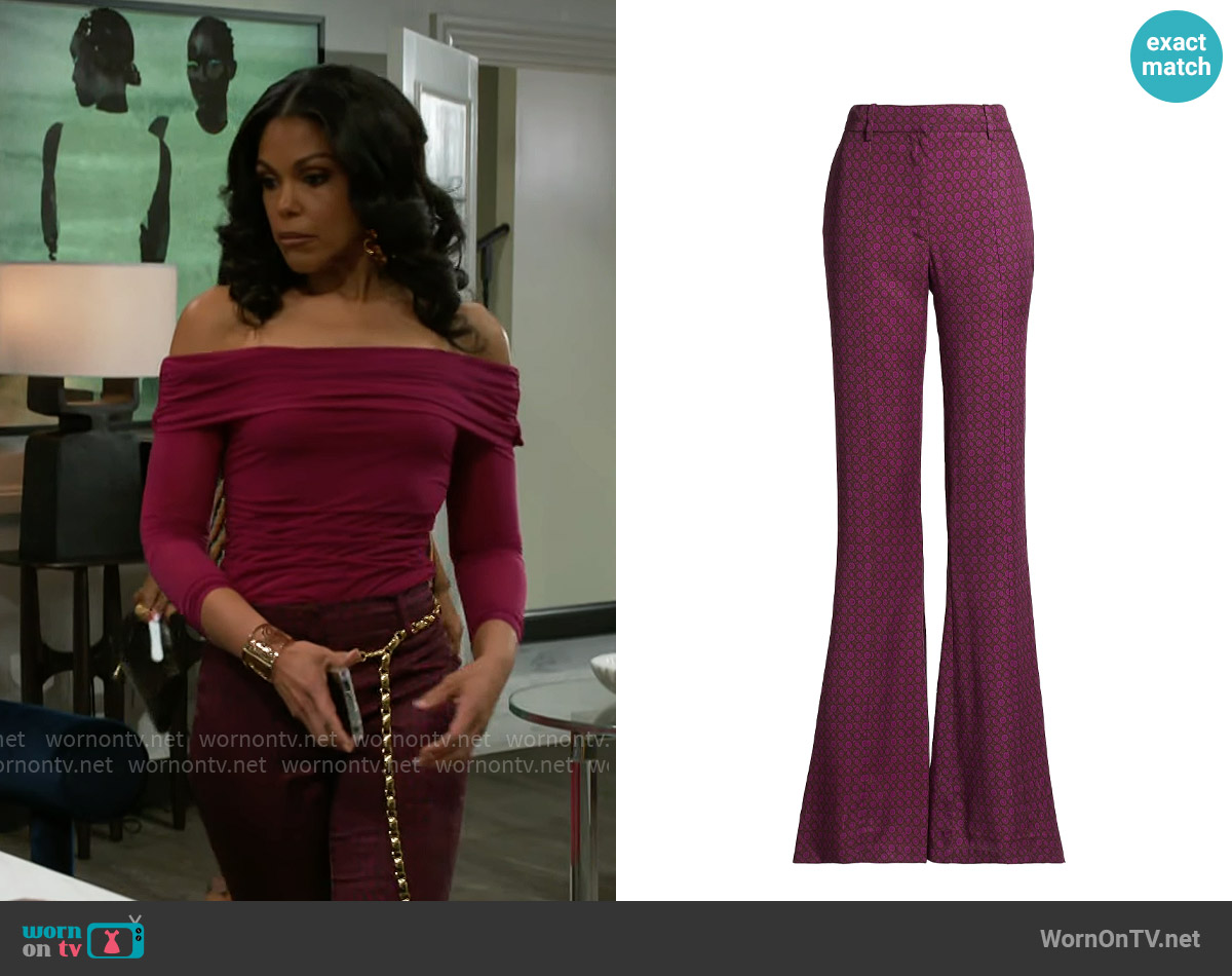 Derek Lam 10 Crosby Cami Geometric Flared Pants worn by Dani Dupree (Karla Mosley) on Beyond the Gates