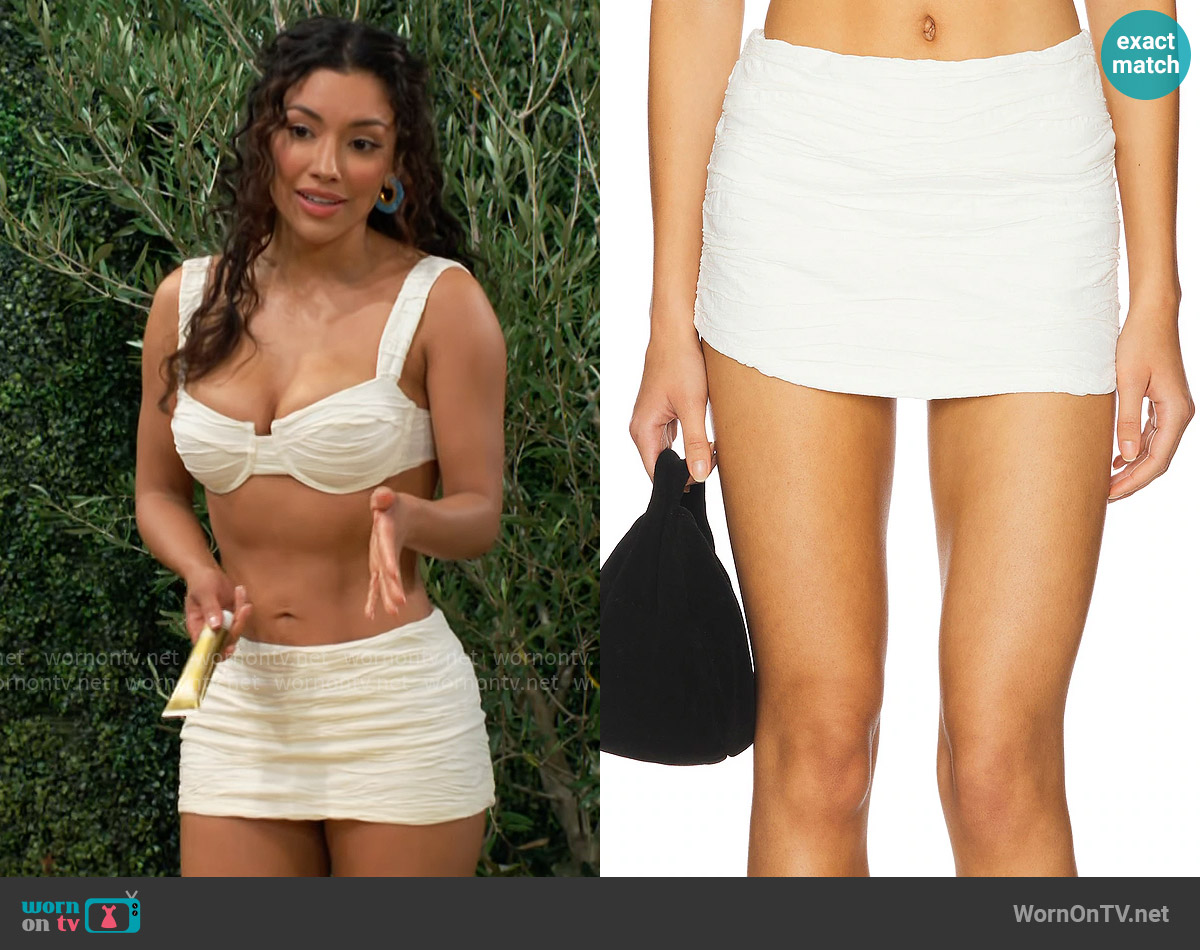 Devon Windsor Pikka Micro Skirt in White Crinkle worn by Audra Charles (Zuleyka Silver) on The Young and the Restless