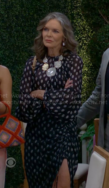 Diane’s navy printed blouse and skirt set on The Young and the Restless