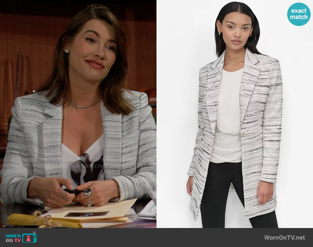 DKNY Tweed Notch-Collar One-Button Long Blazer worn by Steffy Forrester (Jacqueline MacInnes Wood) on The Bold and the Beautiful