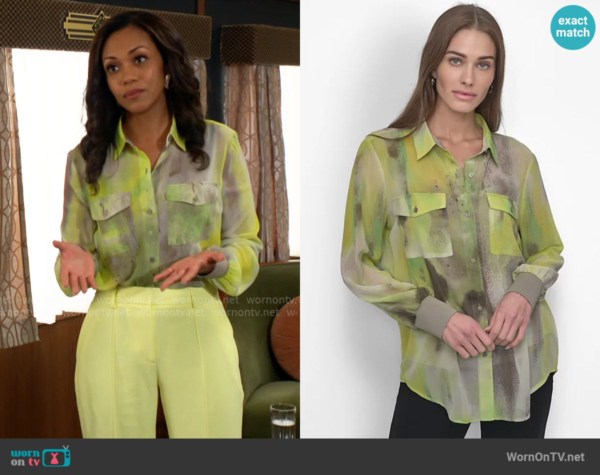 DKNY Button-Front Printed Chiffon Blouse in Watercolor Hues worn by Amanda Sinclair (Mishael Morgan) on The Young and the Restless