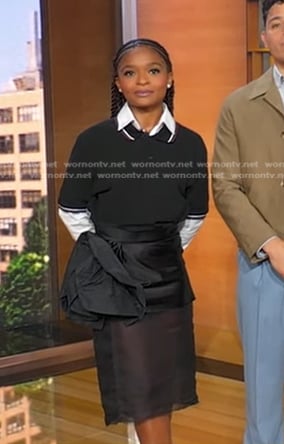 Dominique Thorne’s black polo and rosette tulle skirt on Good Morning America