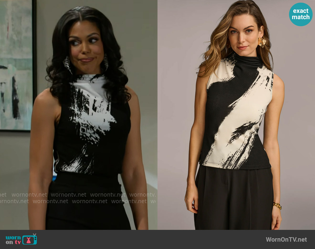 Donna Karan Abstract Print Sleeveless Funnel Neck Knit Top worn by Dani Dupree (Karla Mosley) on Beyond the Gates
